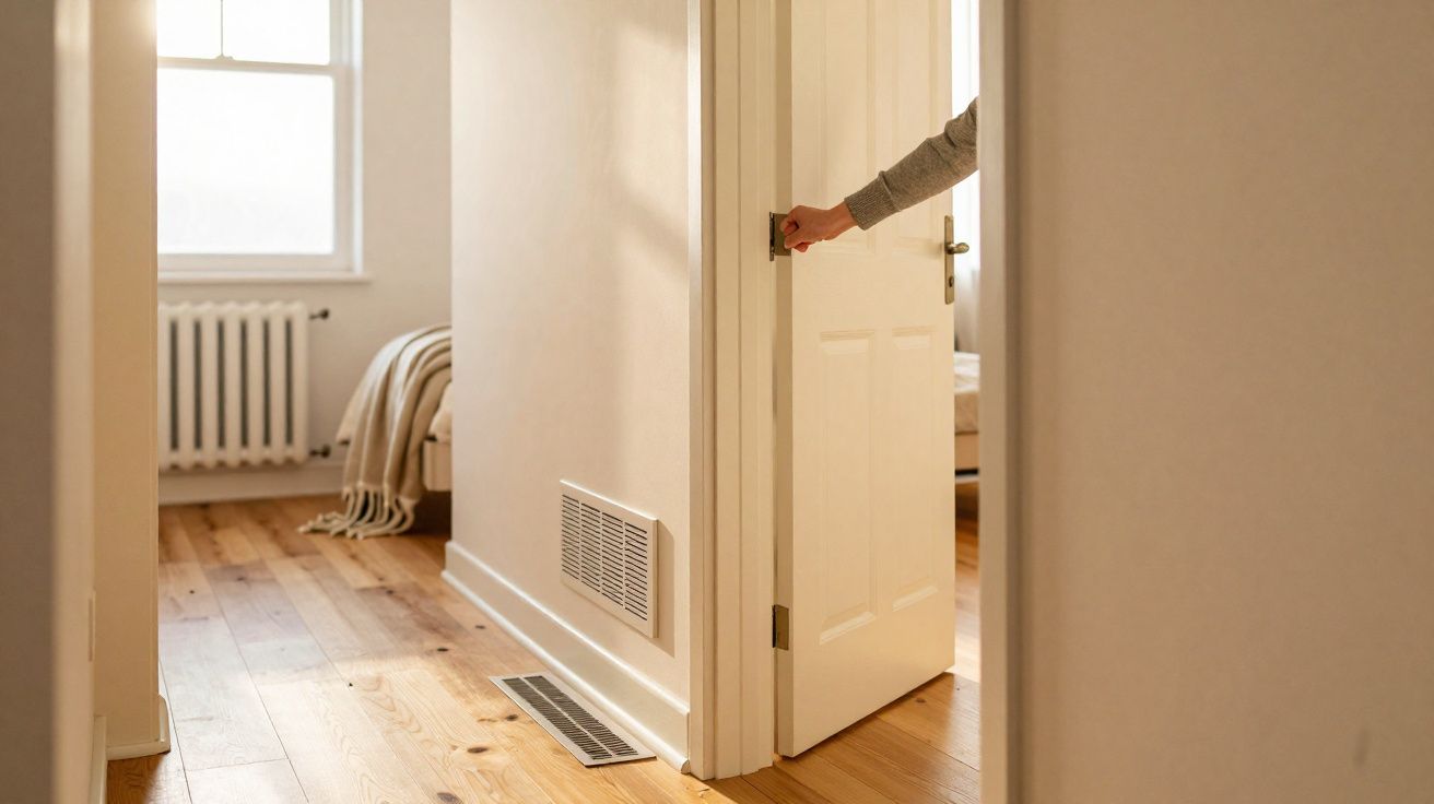 Pessoa abrindo porta branca em corredor de casa com piso de madeira e decoração clara.