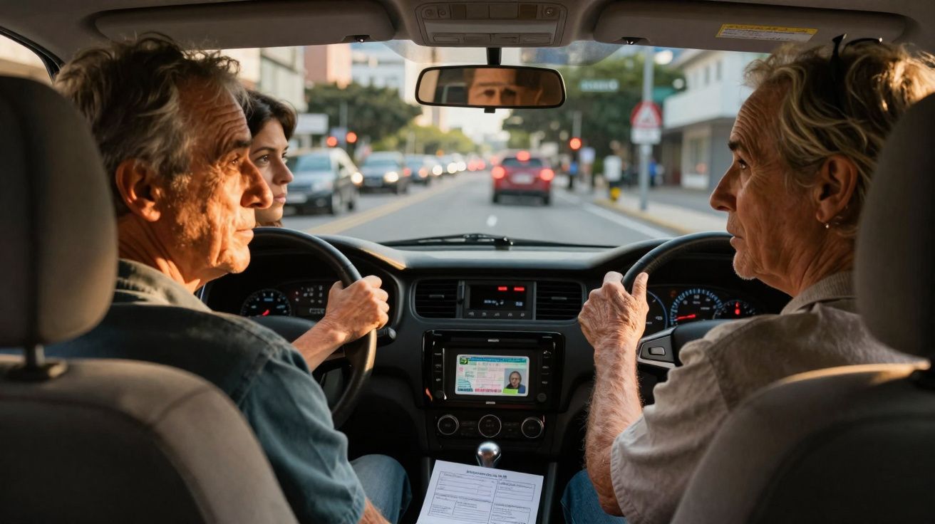 Três pessoas em um carro, duas dirigindo e uma no banco traseiro, em uma rua urbana durante o dia.