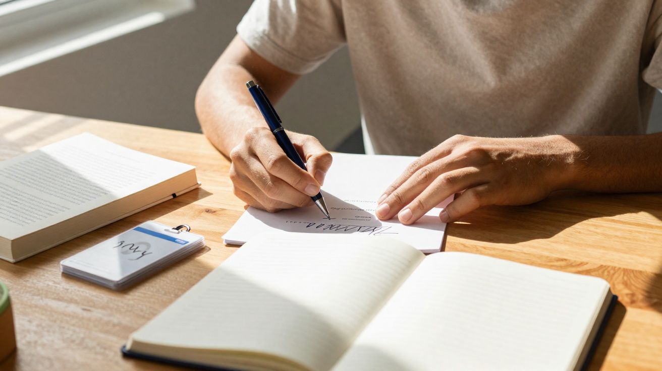 Pessoa escrevendo com caneta em papel sobre mesa de madeira com cadernos e bloco de anotações.