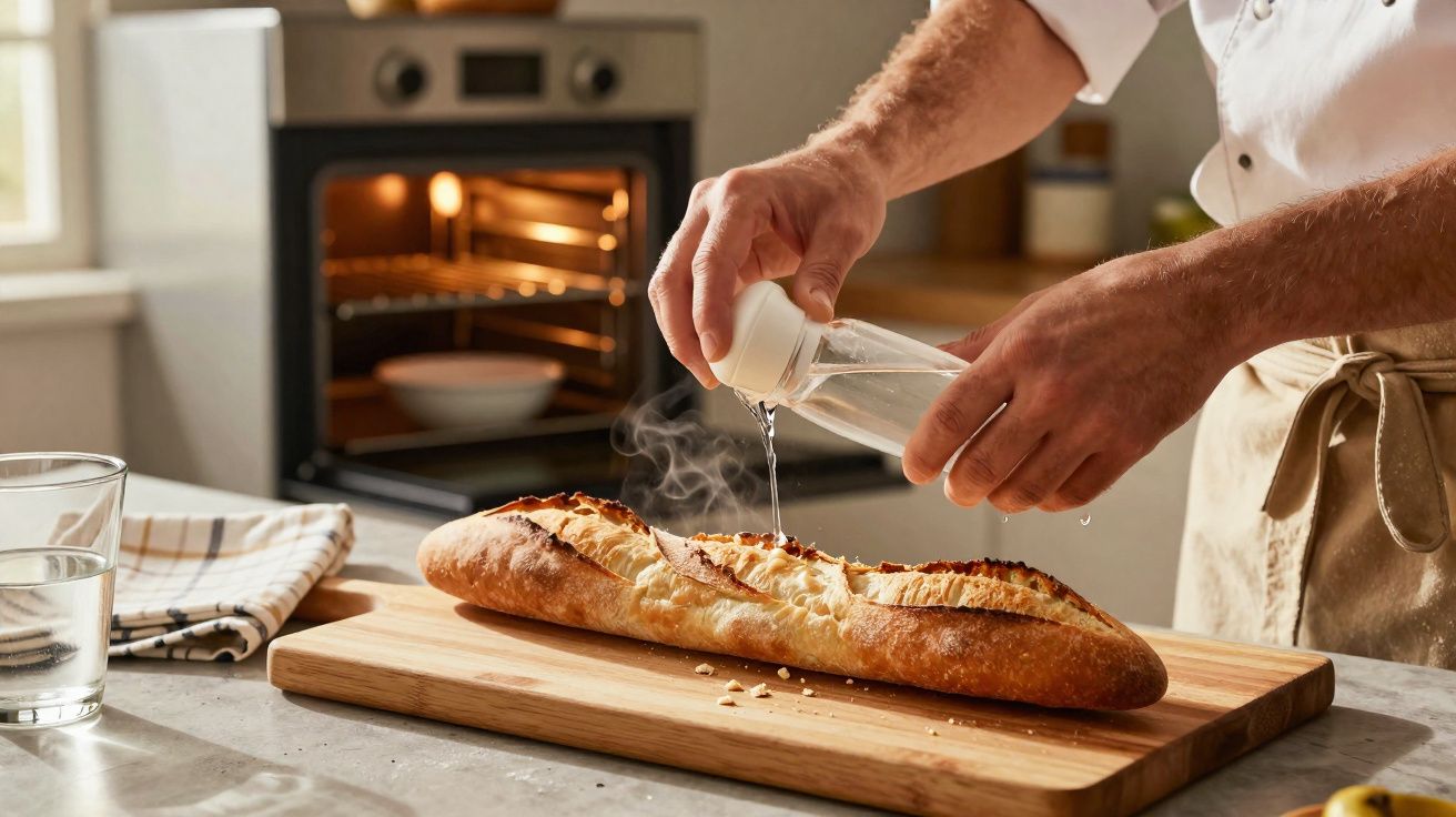 Pessoa regando água sobre pão baguete quente em tábua de madeira na cozinha iluminada.