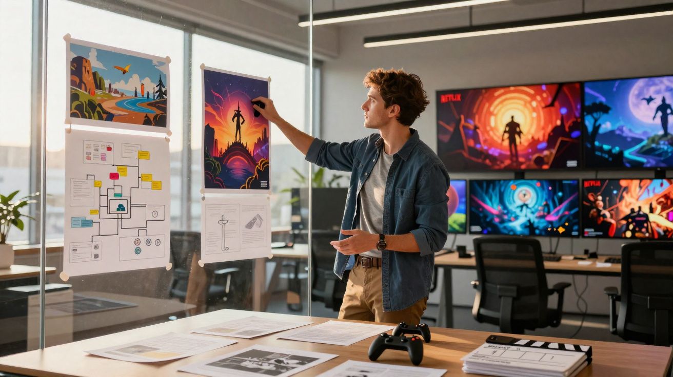 Homem trabalhado em escritório moderno com desenhos e fluxogramas colados em parede de vidro.