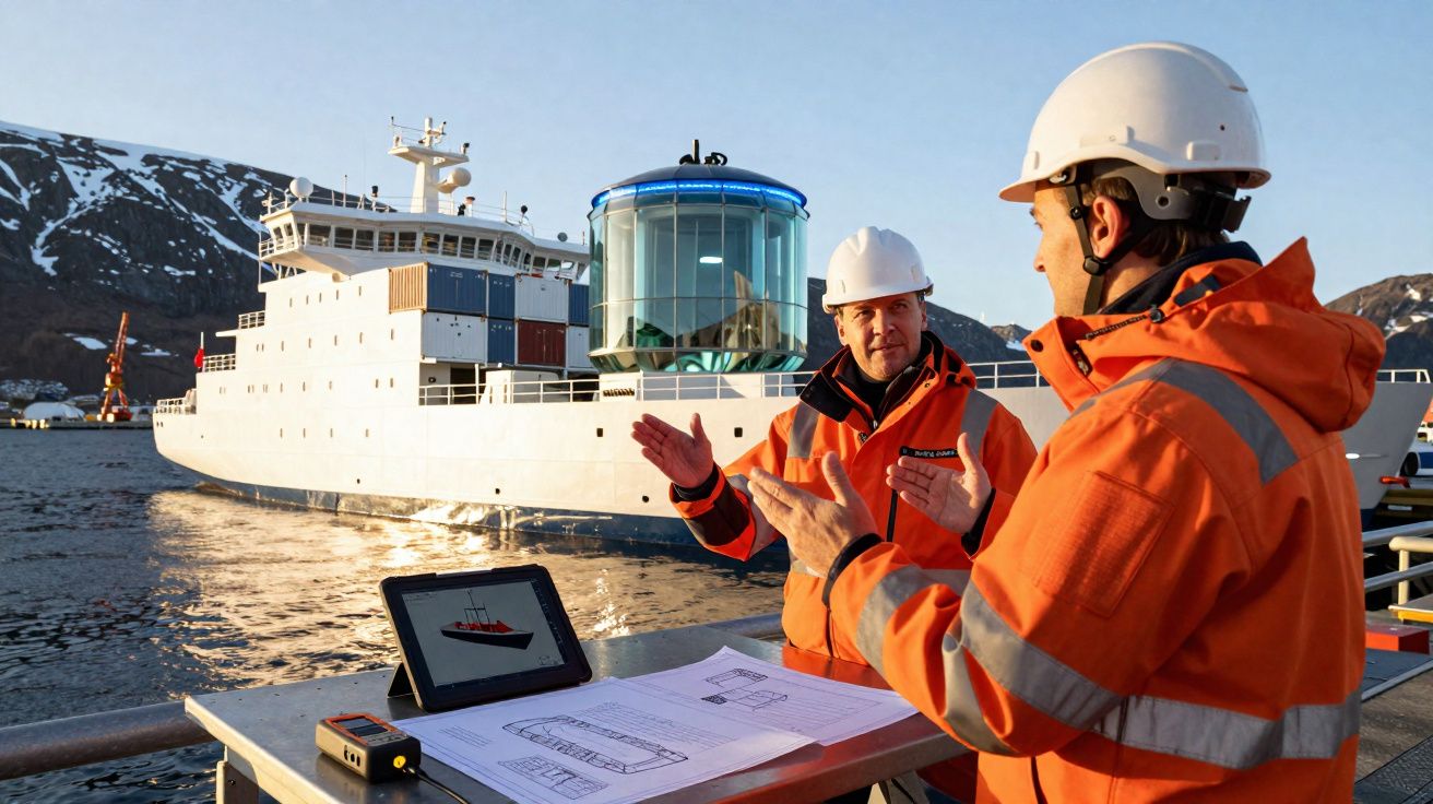 Dois engenheiros com capacete e colete laranja discutem planos à beira de um porto com navio ao fundo.