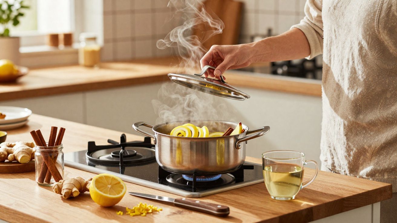 Pessoa levantando tampa de panela com fatias de limão e canela fervendo no fogão a gás em cozinha.