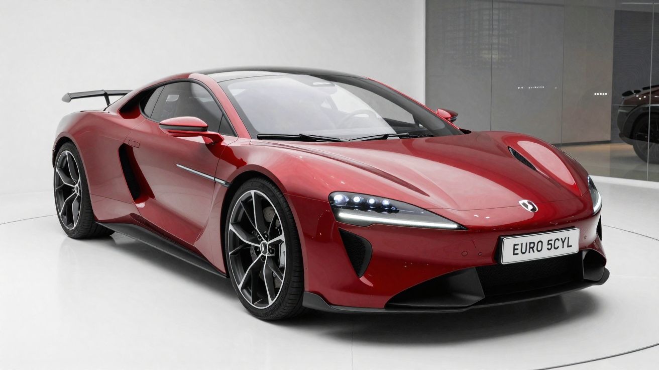 Carro esportivo vermelho brilhante estacionado em ambiente interno com fundo branco e vidro espelhado.