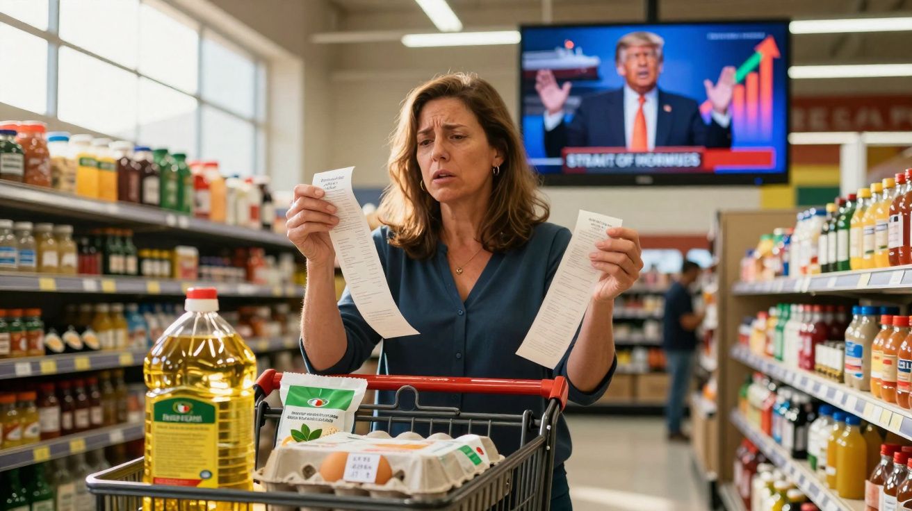 Mulher em supermercado olhando recibos longos com expressão preocupada, carrinho com compras e tela de TV ao fundo.