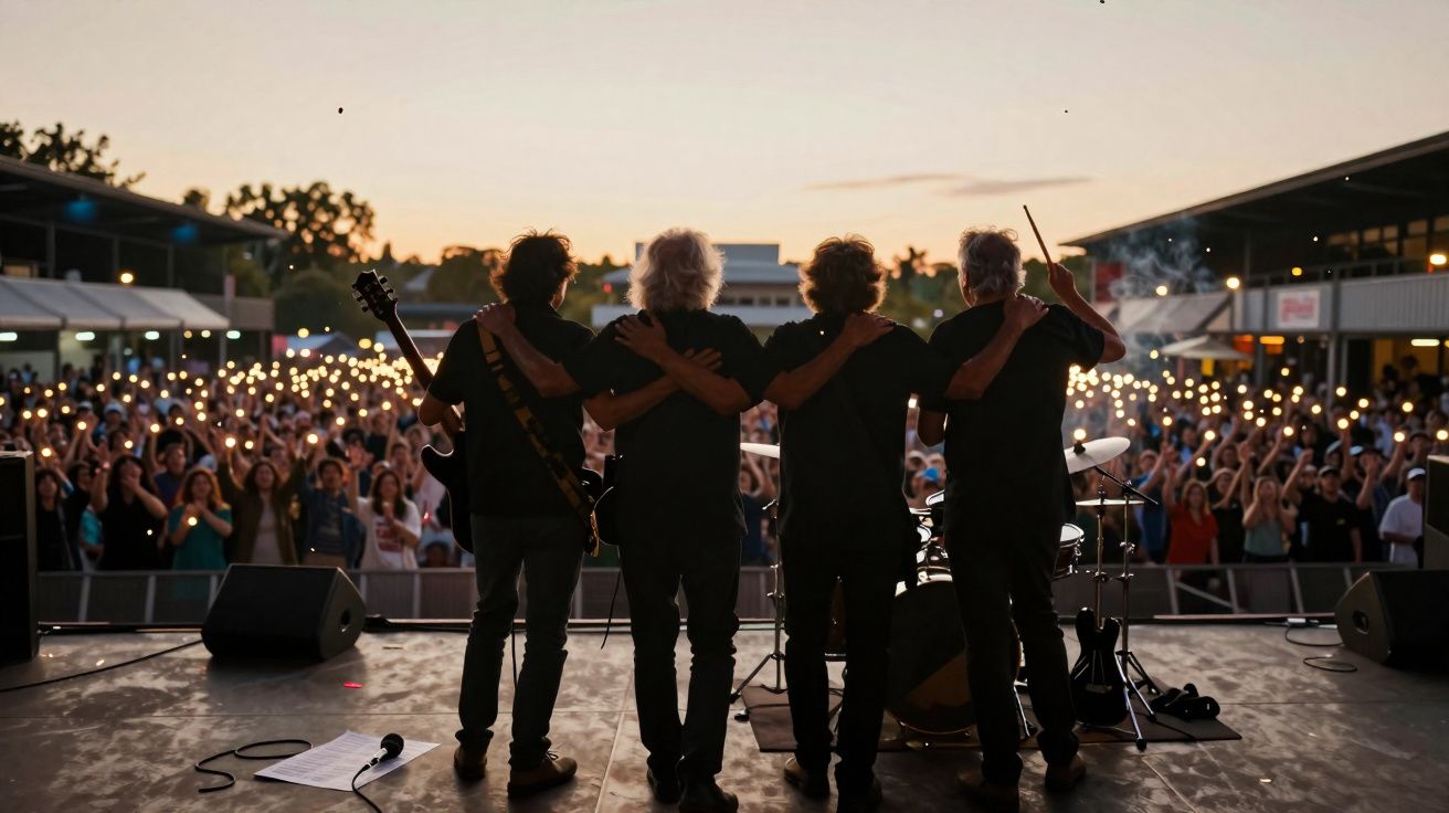 Banda unida de costas cumprimentando público com luzes acesas ao pôr do sol no palco aberto.