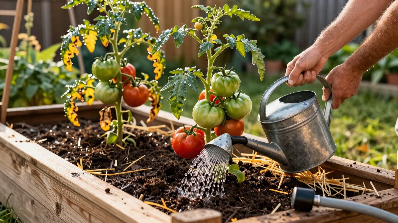 Pessoa regando planta de tomate com regador em canteiro elevado de madeira num jardim.