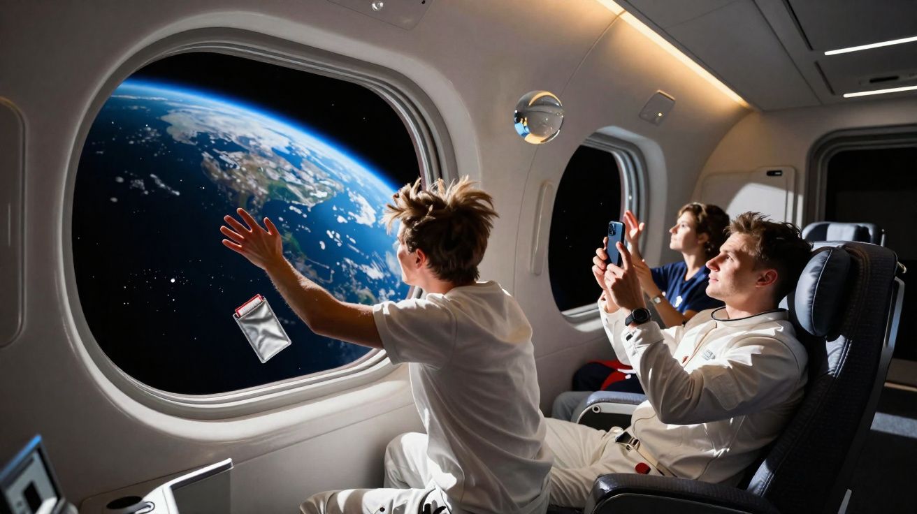 Três astronautas observam e fotografam a Terra do espaço pela janela de uma nave espacial.