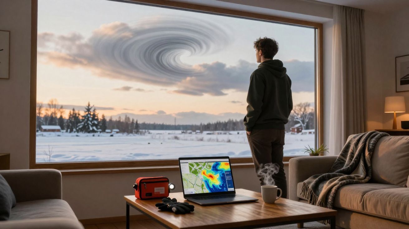 Homem observa redemoinho no céu através de janela grande em sala com laptop e xícara fumegante.