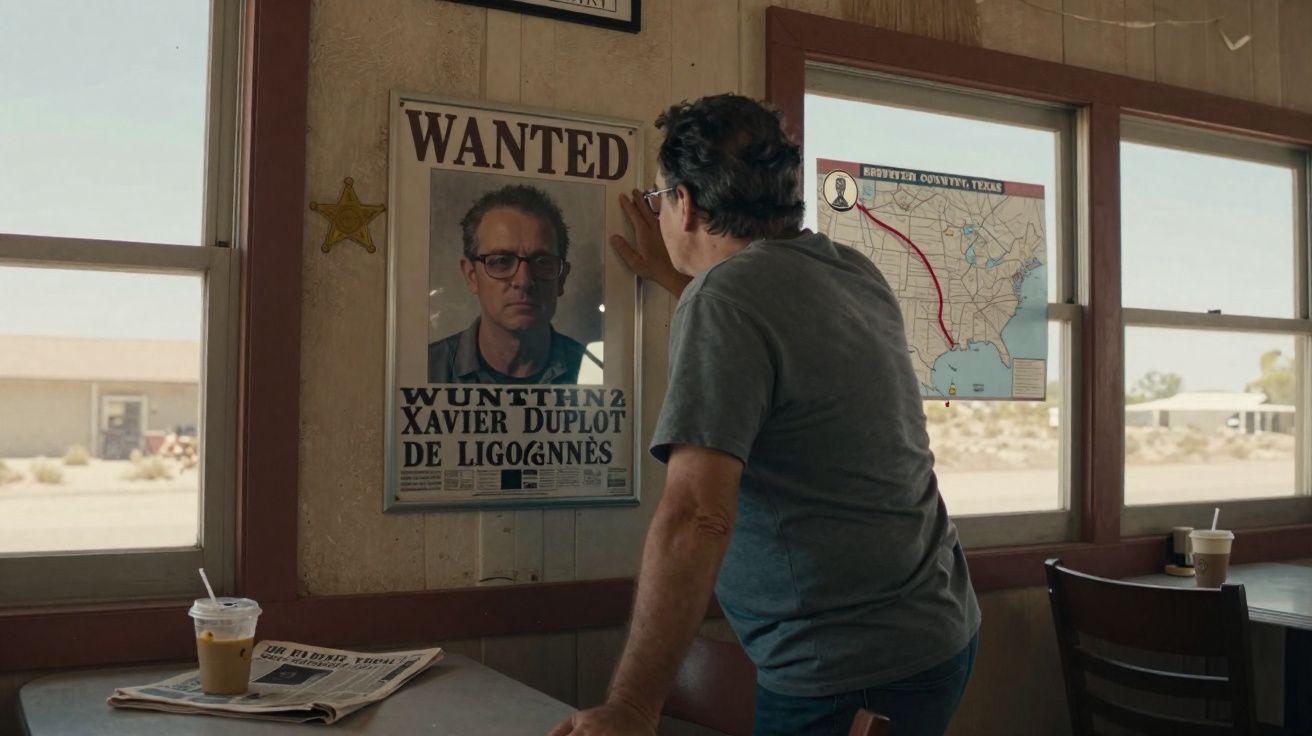 Homem observa cartaz de procurado com foto de outro homem em sala com janelas e mapa na parede.