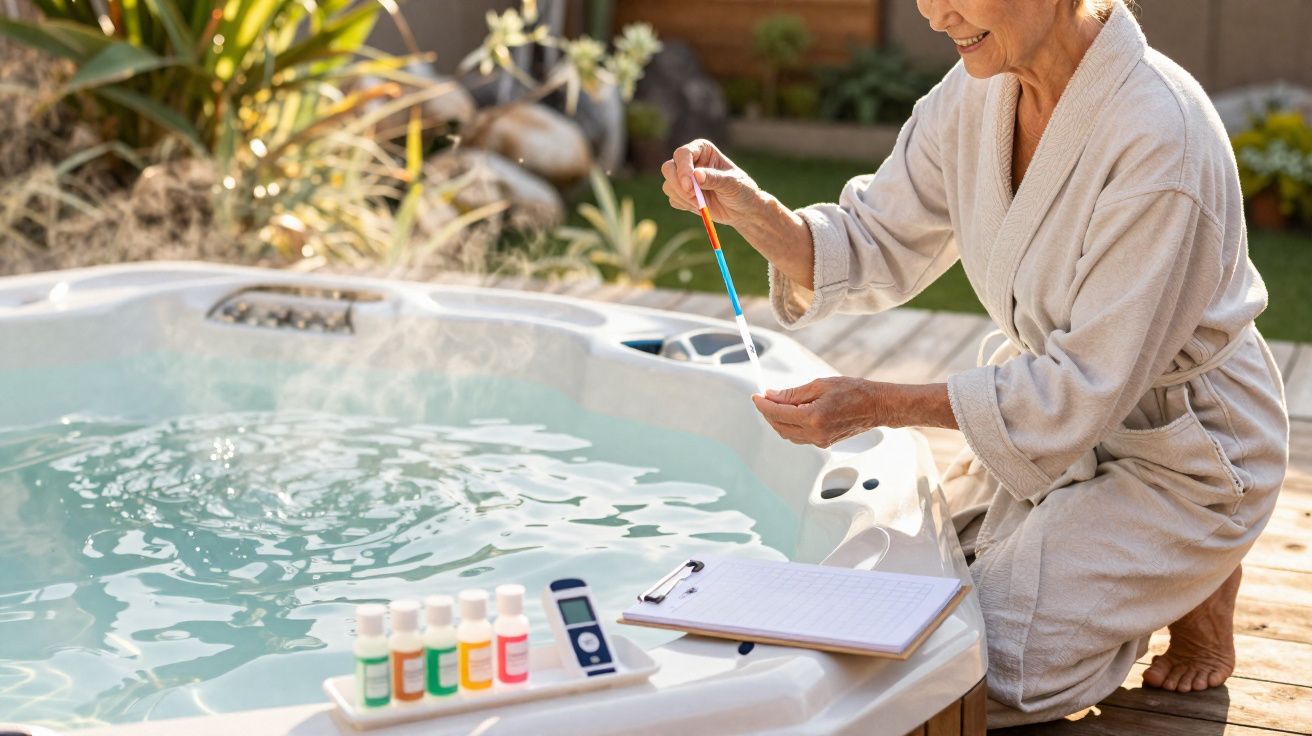 Mulher idosa em roupão verifica a qualidade da água de uma jacuzzi ao ar livre em área ensolarada.