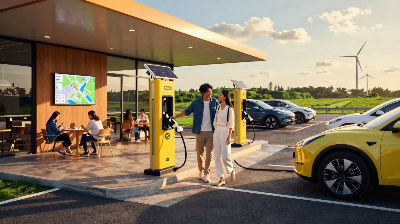 Casal caminhando perto de posto de carregamento de carros elétricos com pessoas trabalhando em café ao fundo.