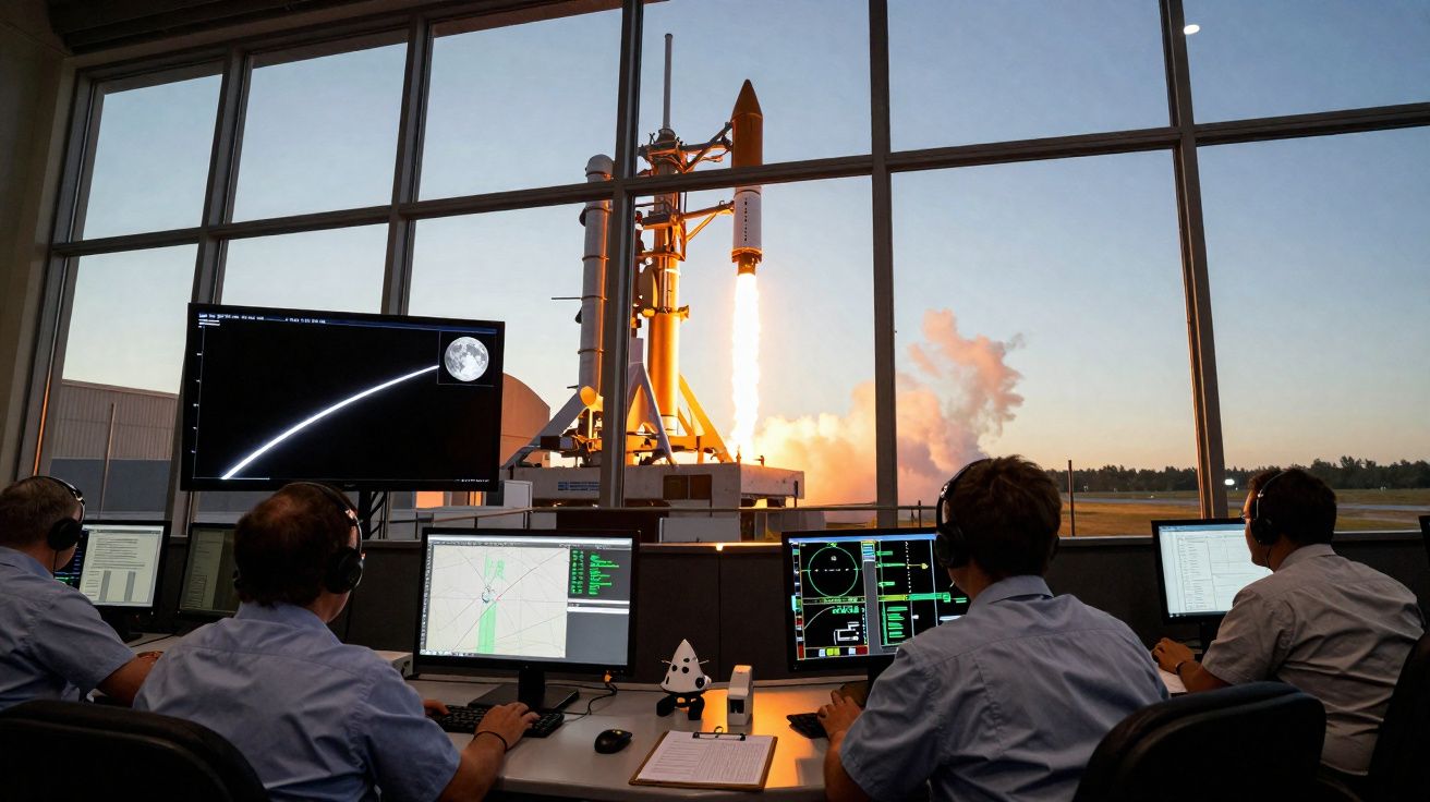 Equipe de controle monitora lançamento de foguete visível pela janela durante o pôr do sol.