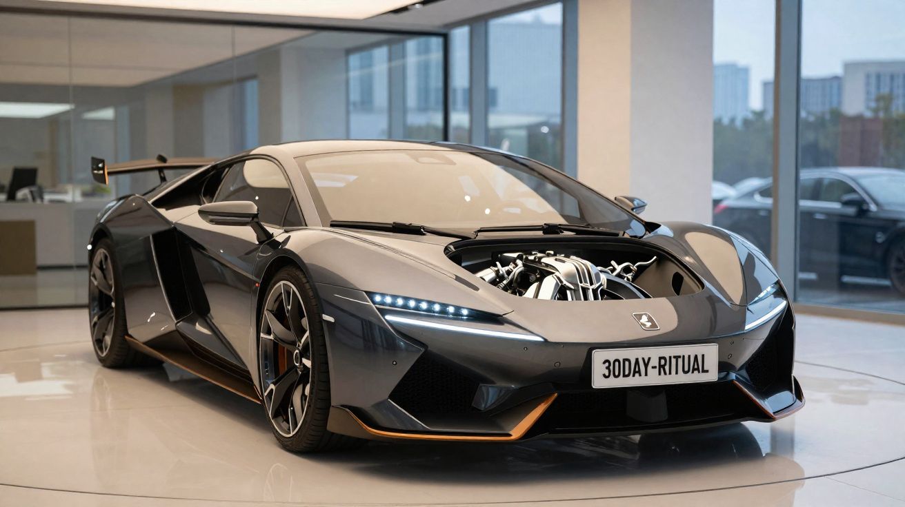 Carro esportivo preto com motor exposto no capô, estacionado em ambiente interno moderno e iluminado.