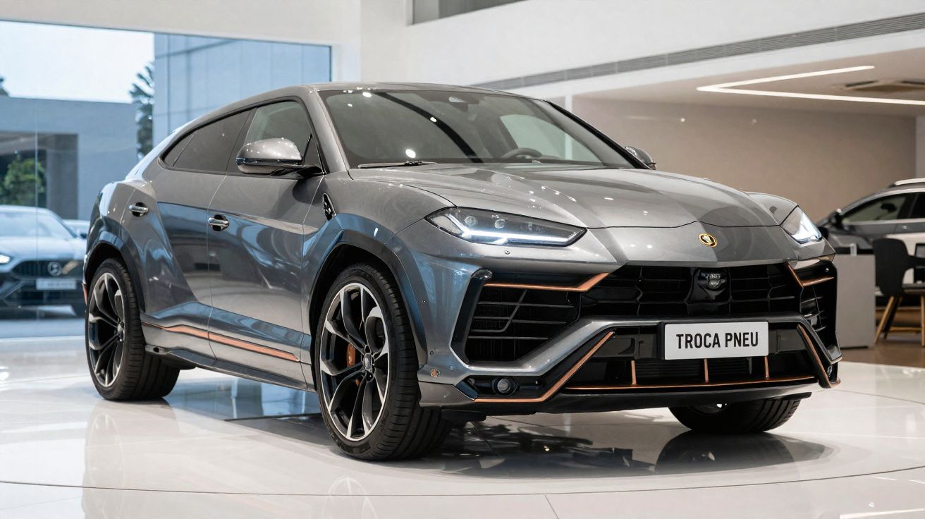 Carro esportivo cinza estacionado em showroom moderno com placa escrita Troca Pneu.