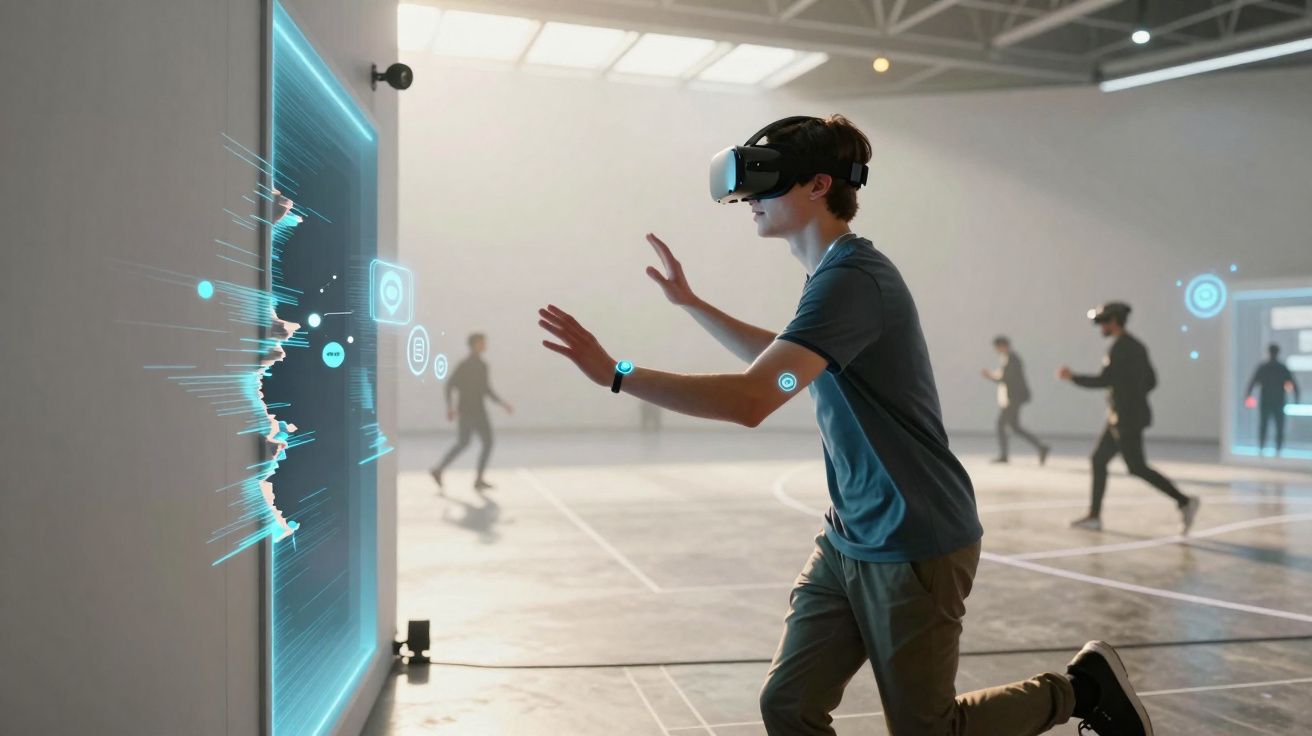 Jovem usando óculos de realidade virtual interage com painel holográfico em ambiente amplo com outras pessoas ao fundo.