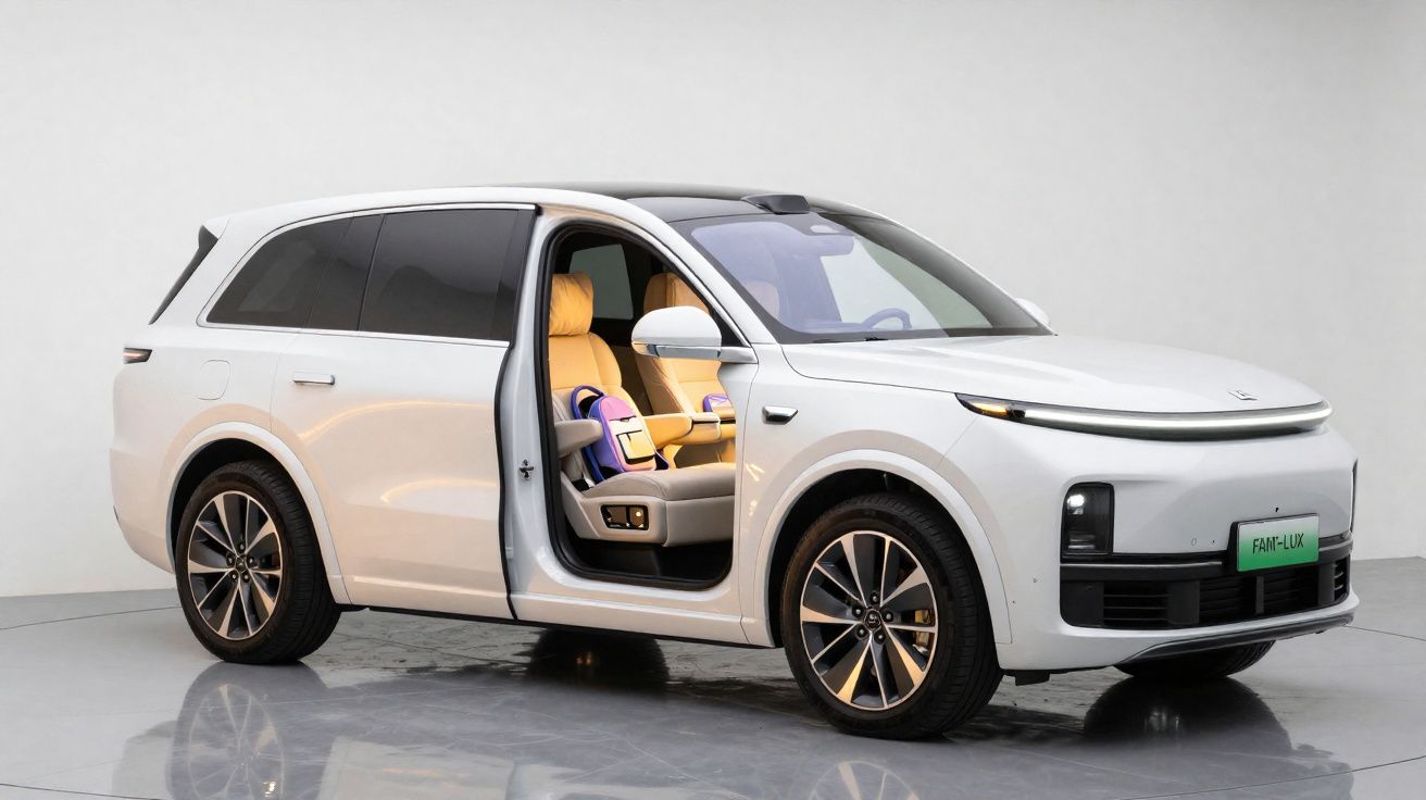 SUV branco com porta traseira aberta mostrando interior bege e cadeira de bebê roxa.