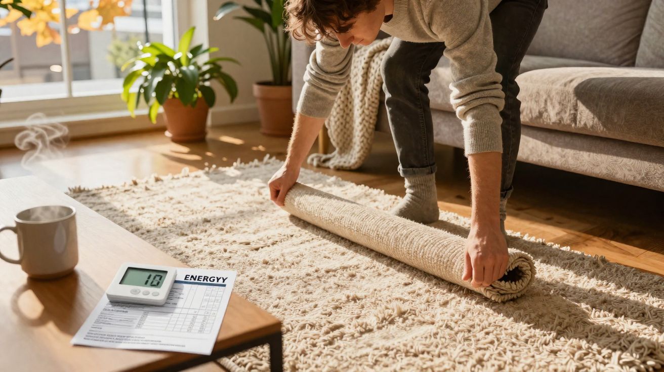 Pessoa enrolando tapete bege em sala iluminada com plantas, conta de energia e xícara na mesa.