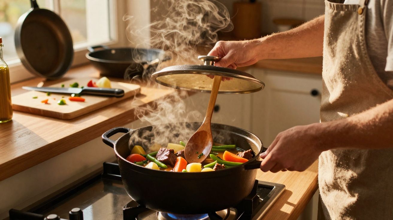 Pessoa mexendo comida cozinhando na panela com legumes e carne em um fogão na cozinha iluminada.