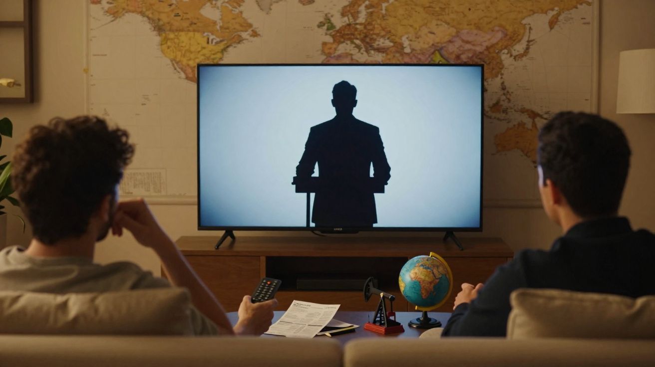 Duas pessoas assistindo televisão, com globo terrestre e mapa-múndi ao fundo.