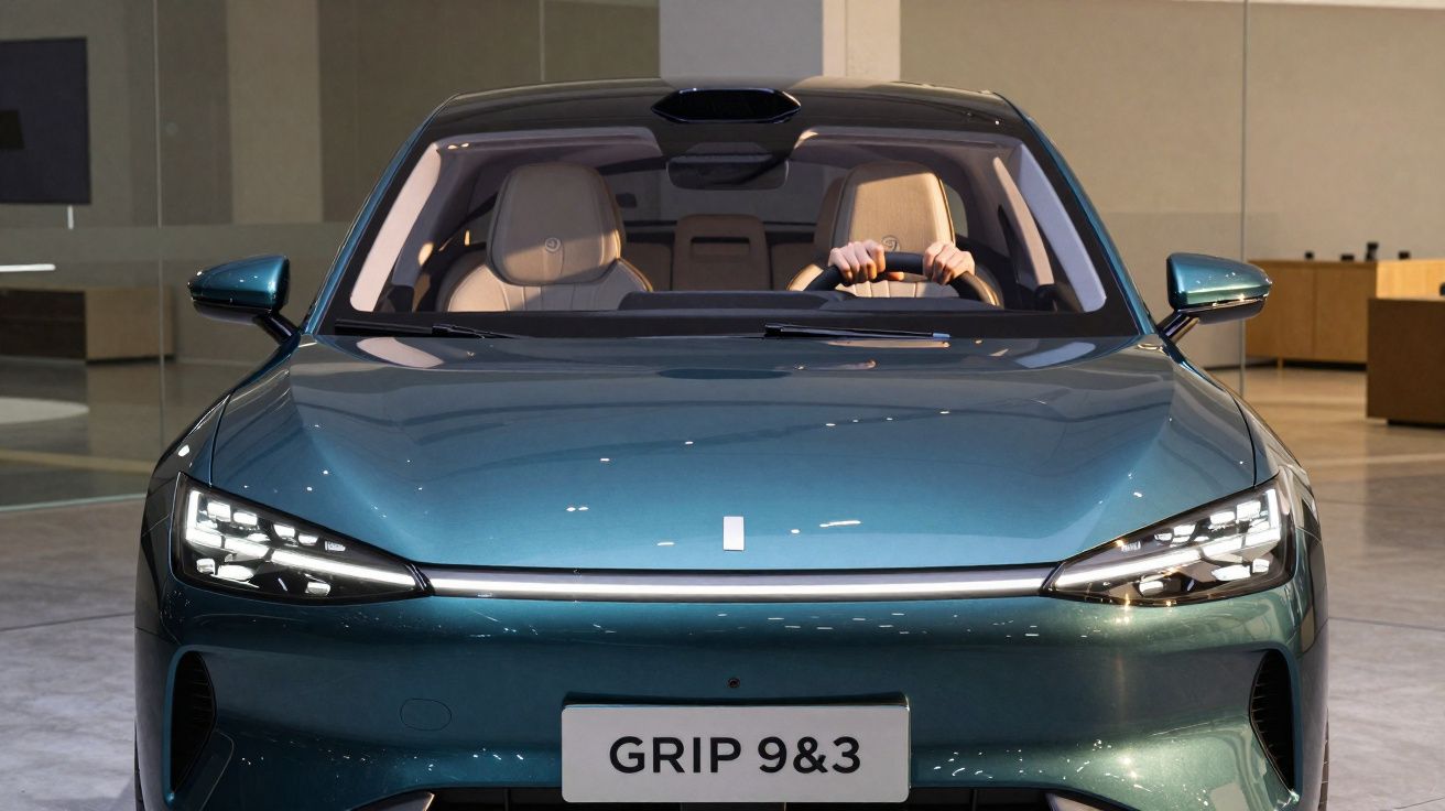 Carro elétrico azul modelo GRIP 9&3 visto de frente em ambiente interno, com motorista ao volante.