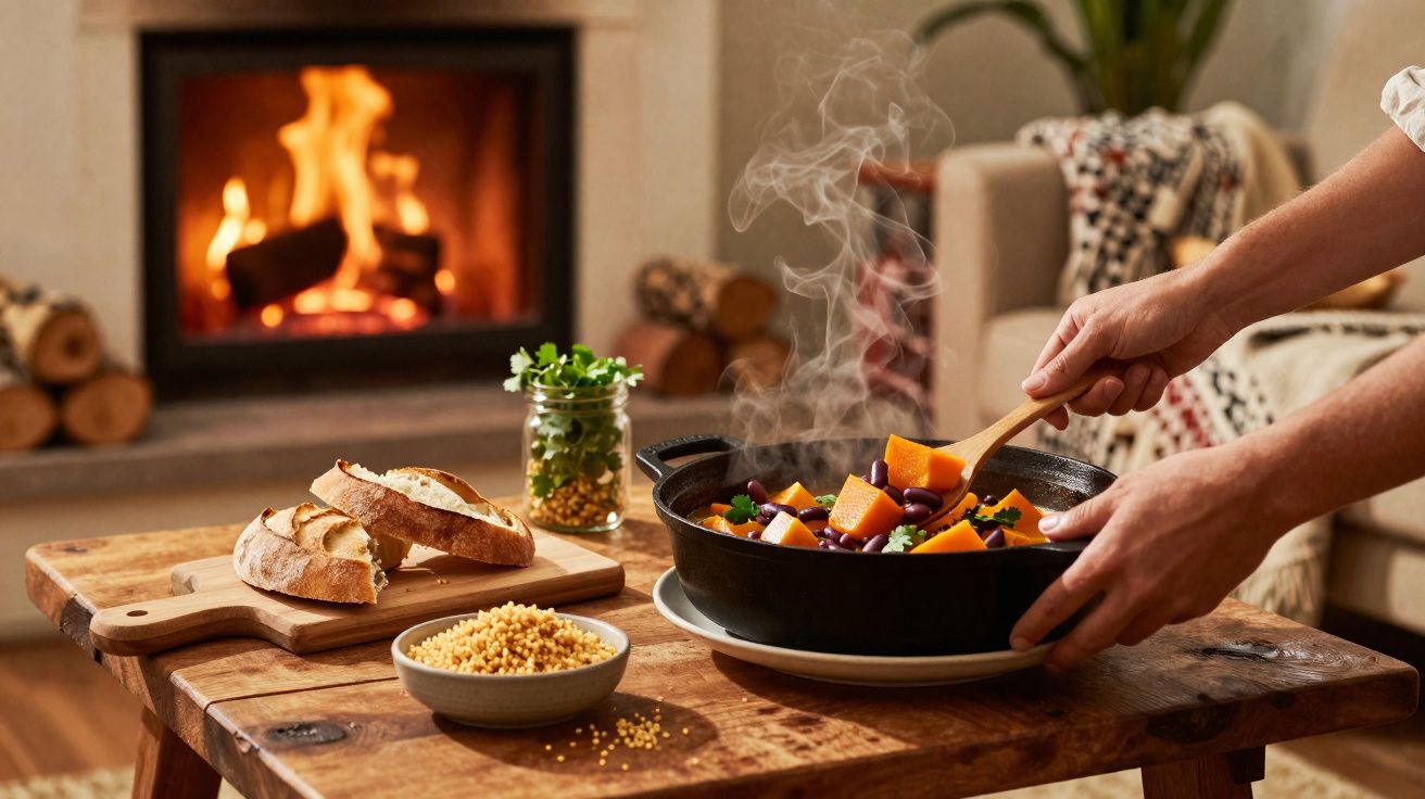 Pessoa mexendo ensopado em panela com pão, temperos e lareira acesa ao fundo em ambiente aconchegante.