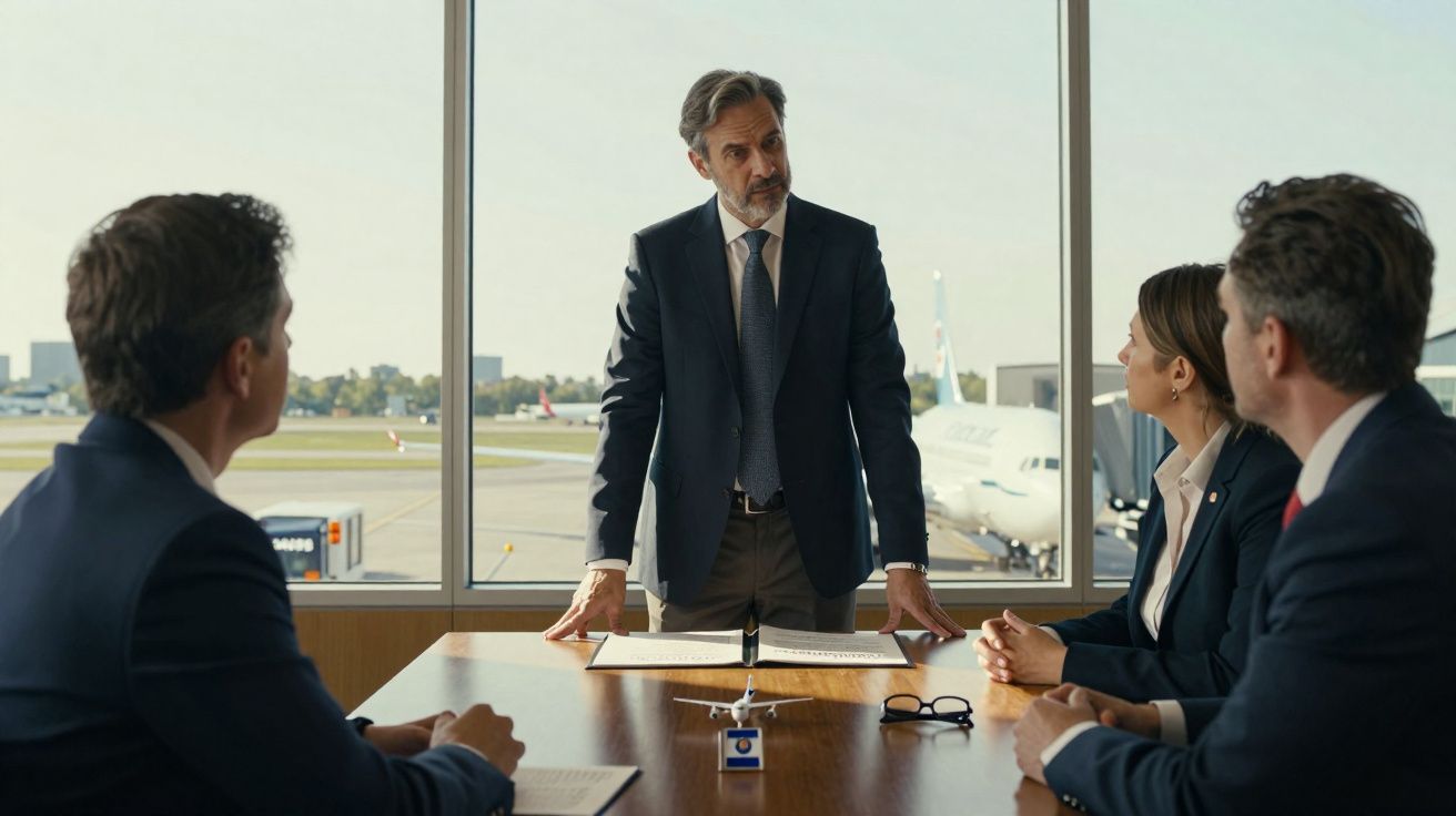 Homem de terno falando em reunião de negócios com três pessoas em sala com vista para aeroporto.