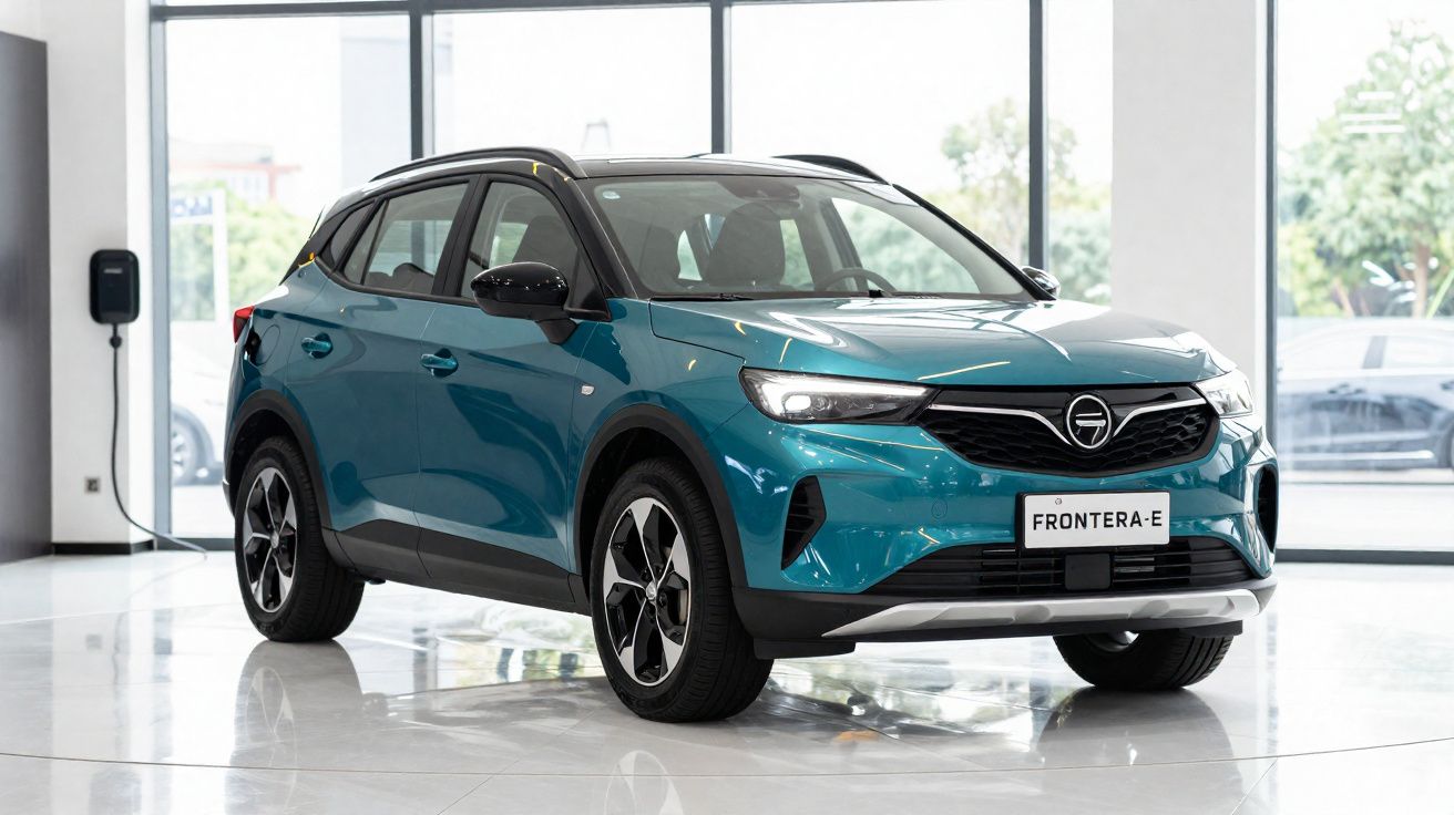 Carro SUV elétrico azul-frontal Opel Frontera-e em exposição dentro de showroom moderno.