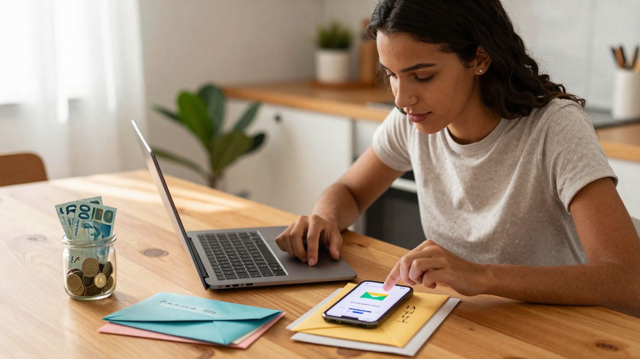 Mulher jovem usando celular e laptop para controlar finanças pessoais em mesa com envelopes e cofrinho.