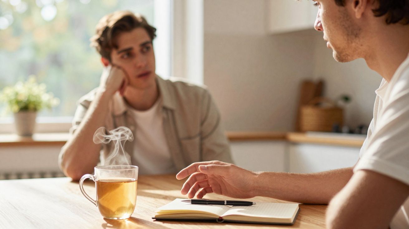 Dois homens conversando em uma mesa com chá quente e um caderno aberto em ambiente iluminado.