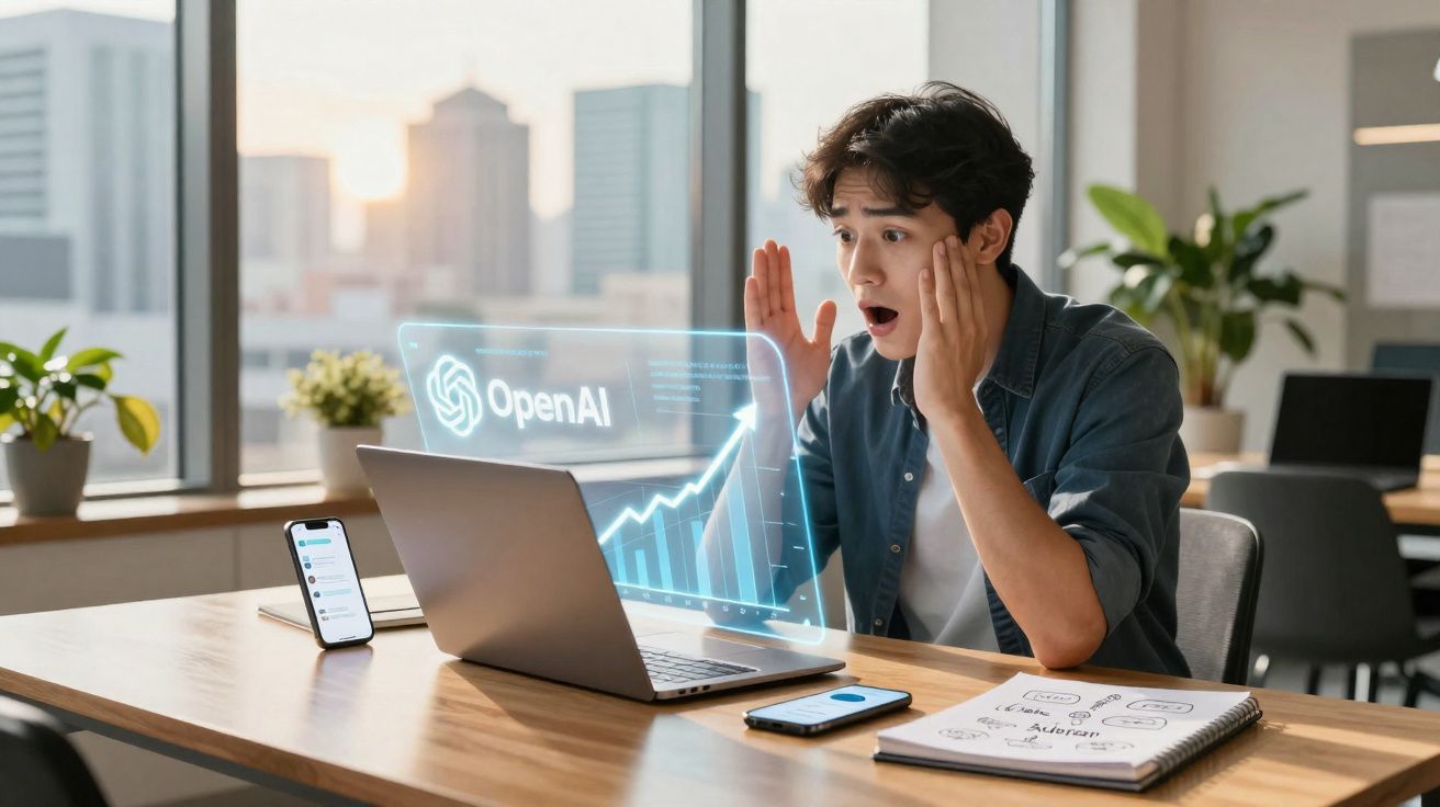 Jovem surpreso olhando para laptop com gráfico holográfico e logo da OpenAI em escritório com plantas.