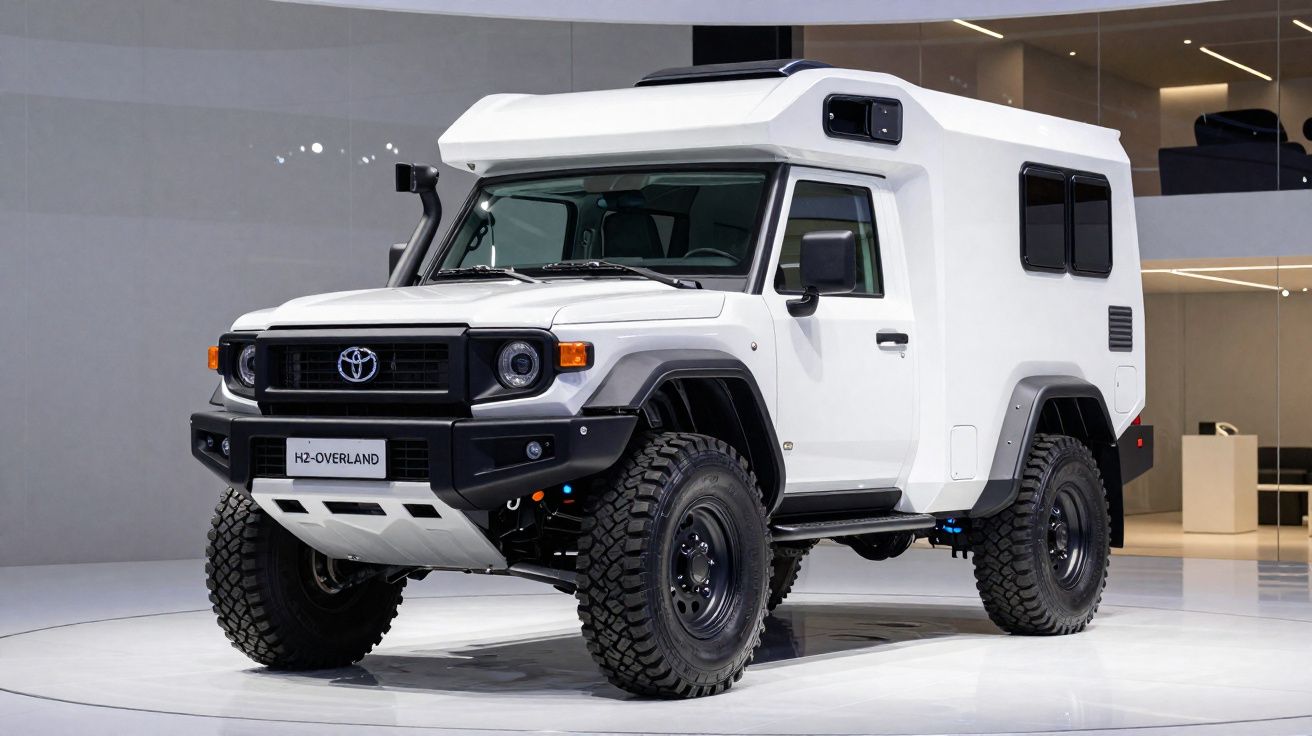 Veículo off-road Toyota H2-Overland branco exposto em ambiente interno moderno.