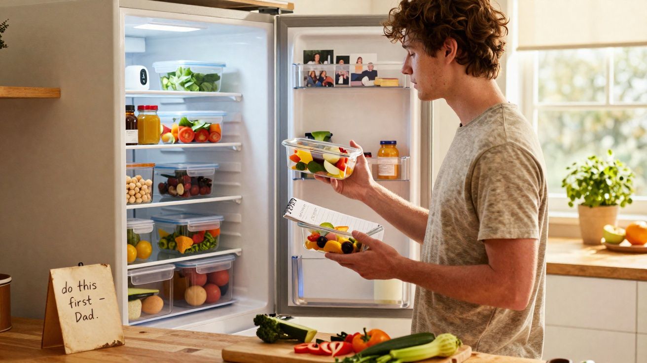 Homem jovem organizando alimentos saudáveis em potes dentro da geladeira na cozinha iluminada.