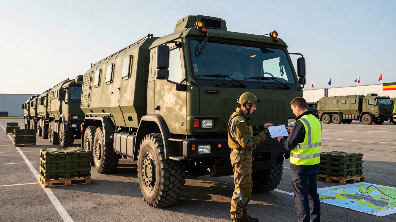 Veículos militares verdes estacionados com soldados em uniforme e colete refletivo revisando mapas.