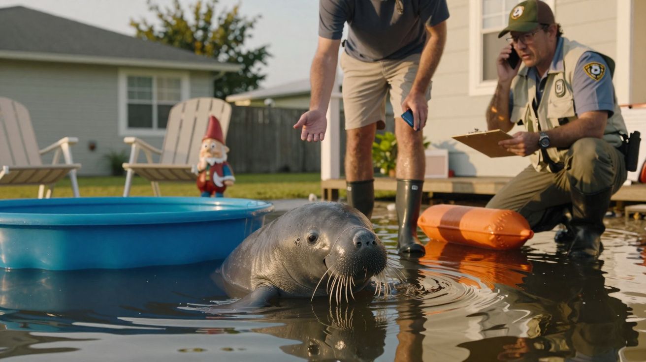 Peixe-boi em área alagada na frente de casa, com homem e oficial da guarda costeira observando.
