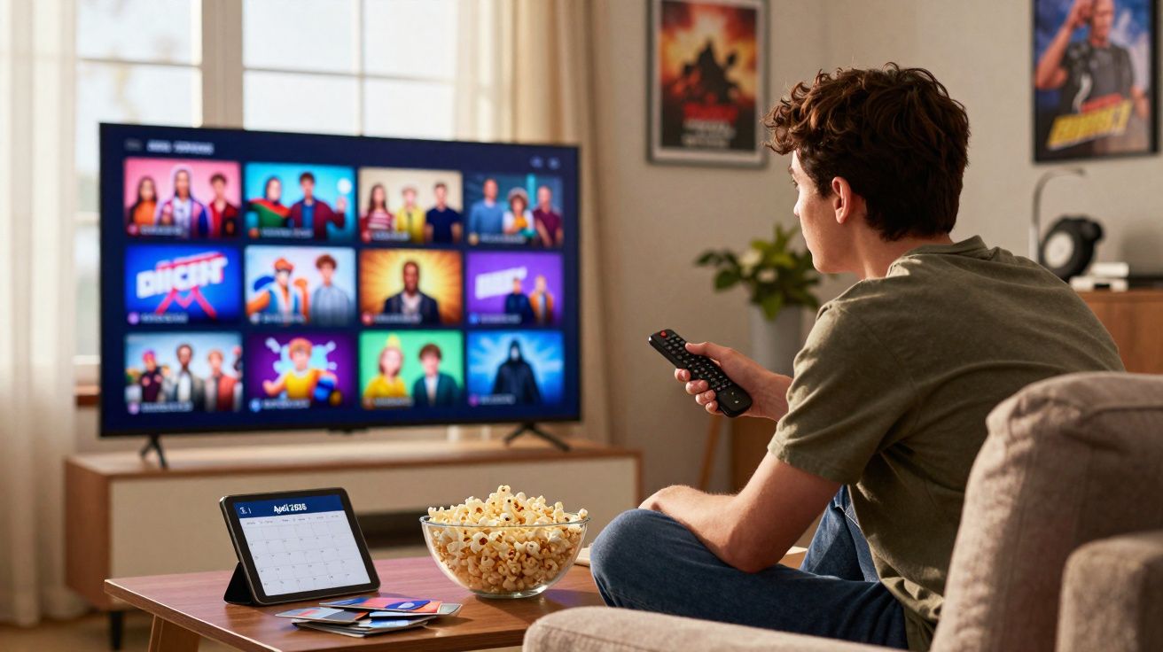 Jovem sentado no sofá com controle remoto assistindo TV, mesa com pipoca e tablet à frente.