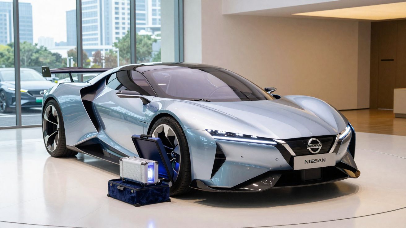 Carro esportivo elétrico futurista prata da Nissan exposto em showroom moderno com edifícios ao fundo.