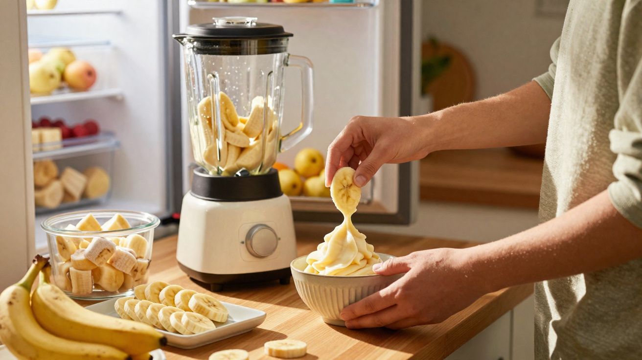 Pessoa segurando fatia de banana e montando tigela com purê de banana em cozinha com liquidificador e frutas.