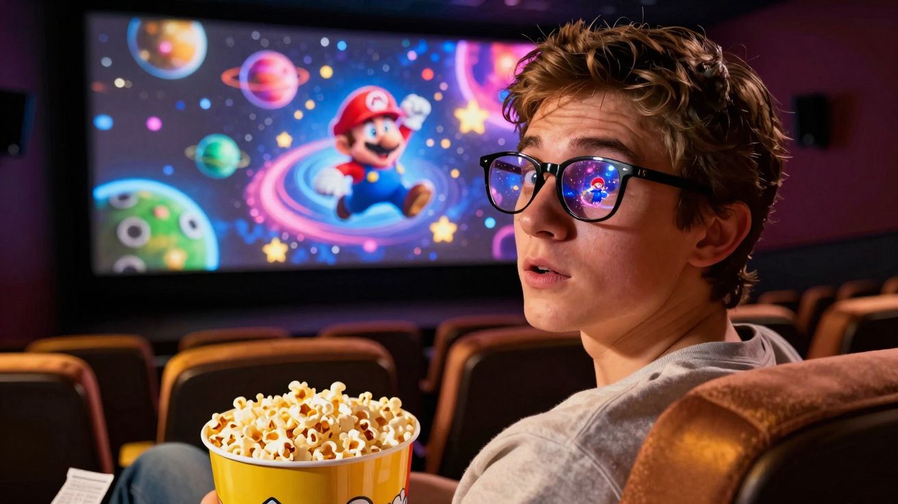 Jovem com óculos segura balde de pipoca em sala de cinema com tela exibindo personagem Mario em fundo espacial.