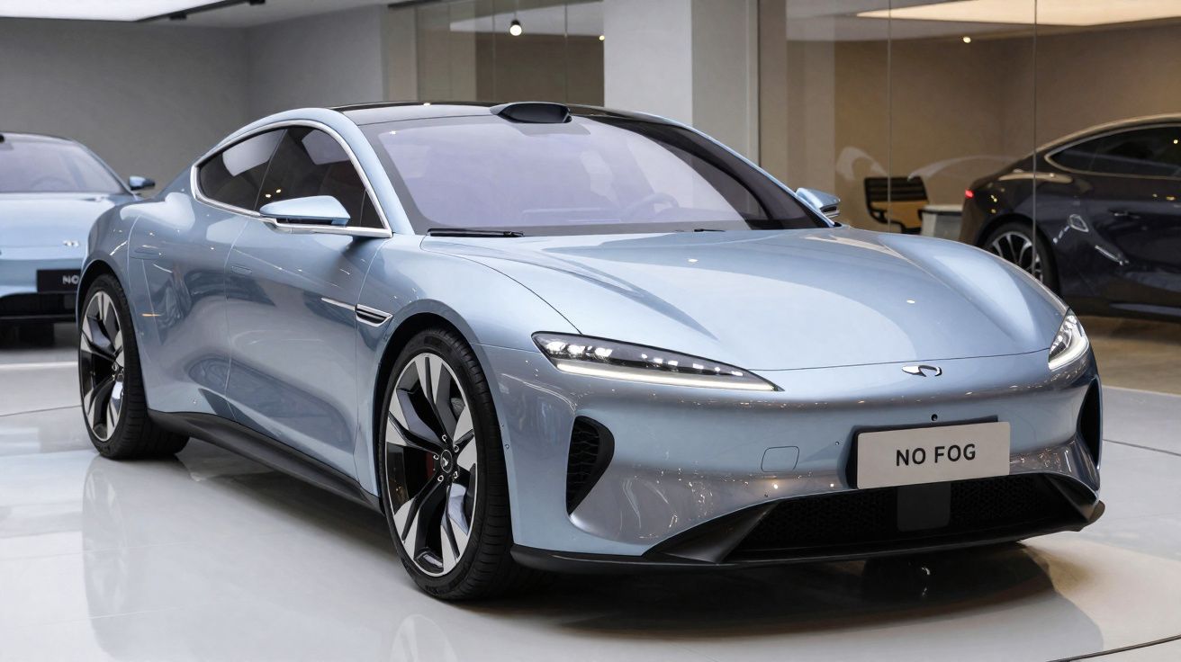 Carro esportivo elétrico azul claro em exposição interna, com design aerodinâmico e rodas grandes.