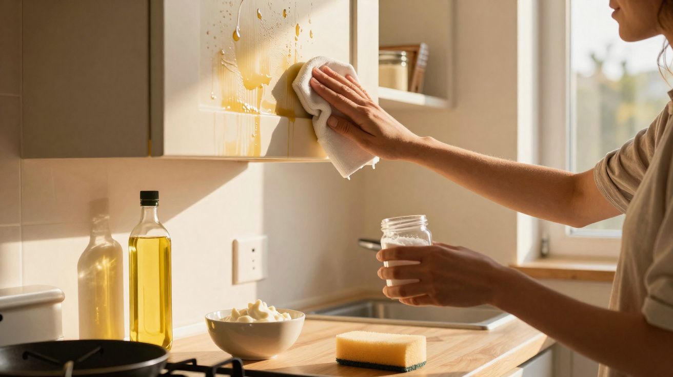 Pessoa limpando respingos de óleo em armário de cozinha com pano branco, óleo e esponja na bancada.