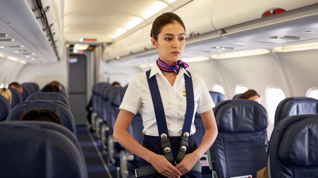 Comissária de bordo feminina vestindo uniforme com colete e lenço, demonstrando segurança dentro da cabine do avião.