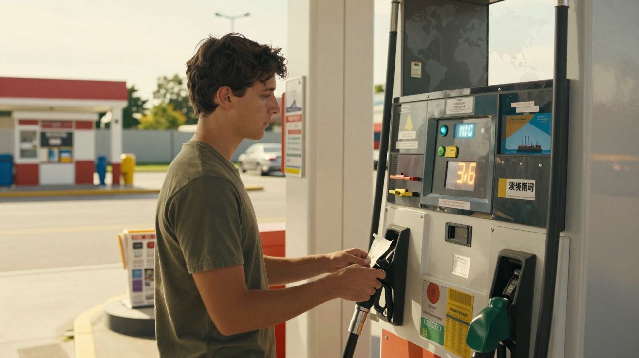 Jovem segurando nota enquanto abastece carro em posto de gasolina durante o dia.