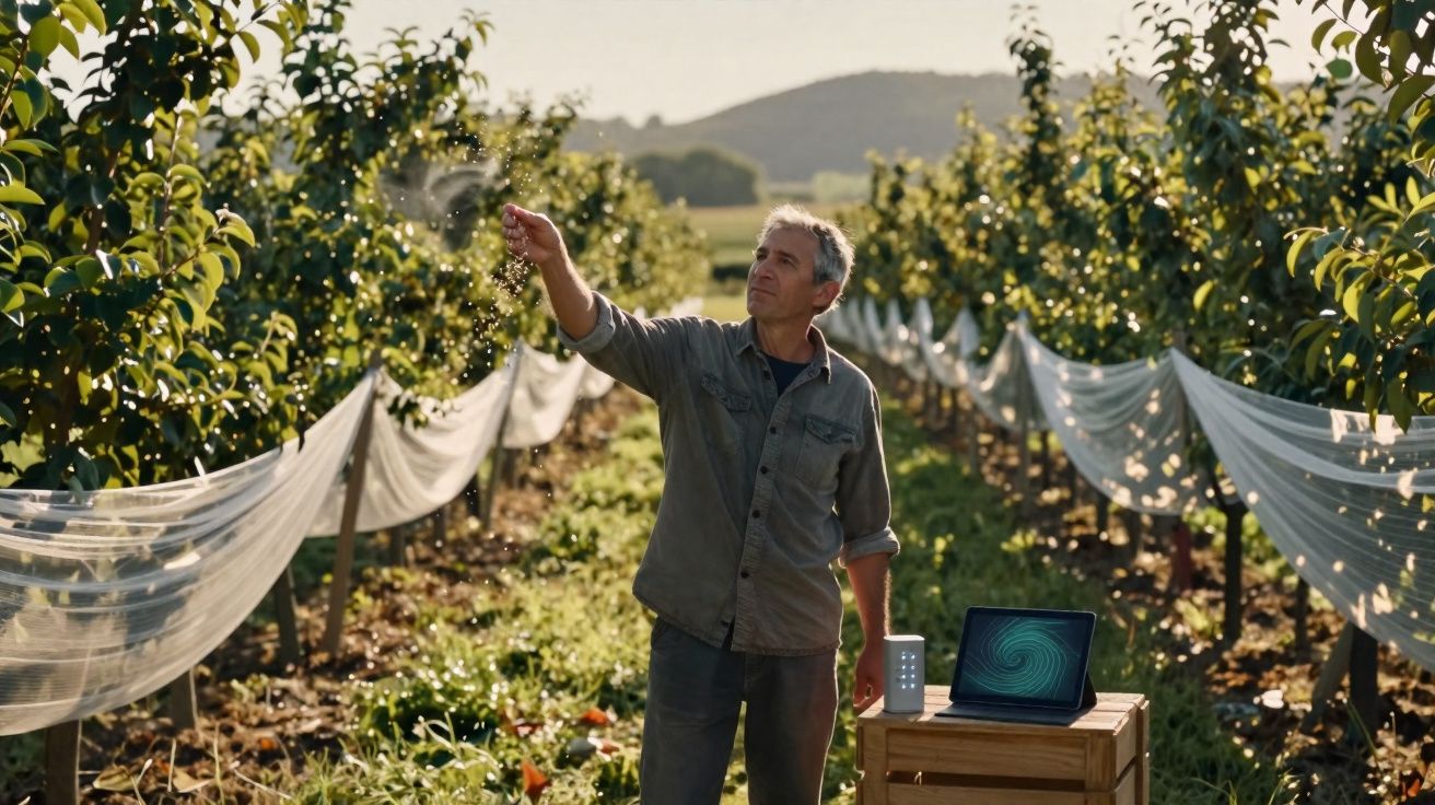 Homem aplica pesticida natural em pomar entre fileiras de árvores com telas protetoras ao entardecer.