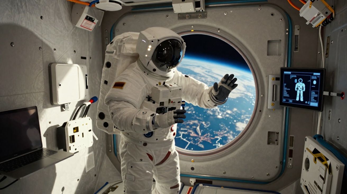 Astronauta flutuando em módulo da estação espacial com vista da Terra pela janela circular.