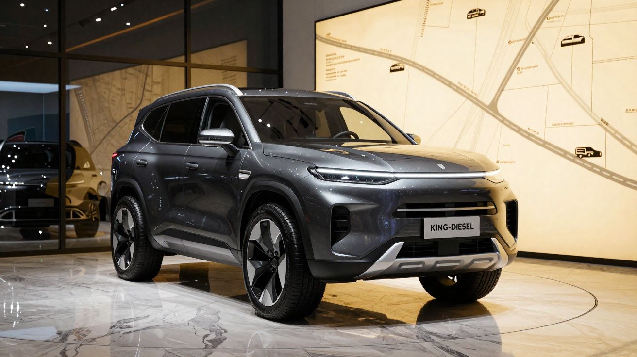 SUV cinza metálico estacionado em piso brilhante, com iluminação moderna e mapa de fundo.