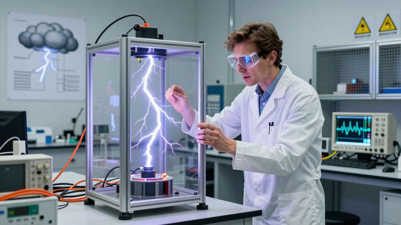 Cientista em laboratório manipulando equipamentos que simulam um raio elétrico dentro de uma caixa de vidro.