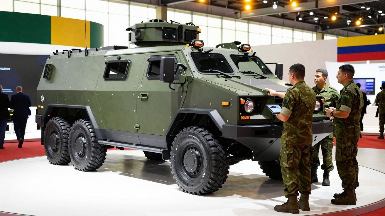 Veículo blindado militar verde exibido em evento, com três soldados uniformizados ao lado observando.