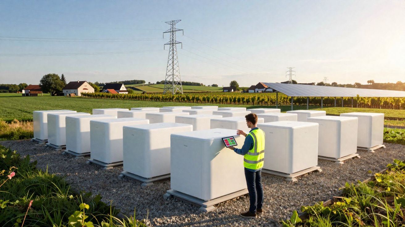 Técnico inspeciona baterias em matriz externa branca em área rural com casas e campo ao fundo.