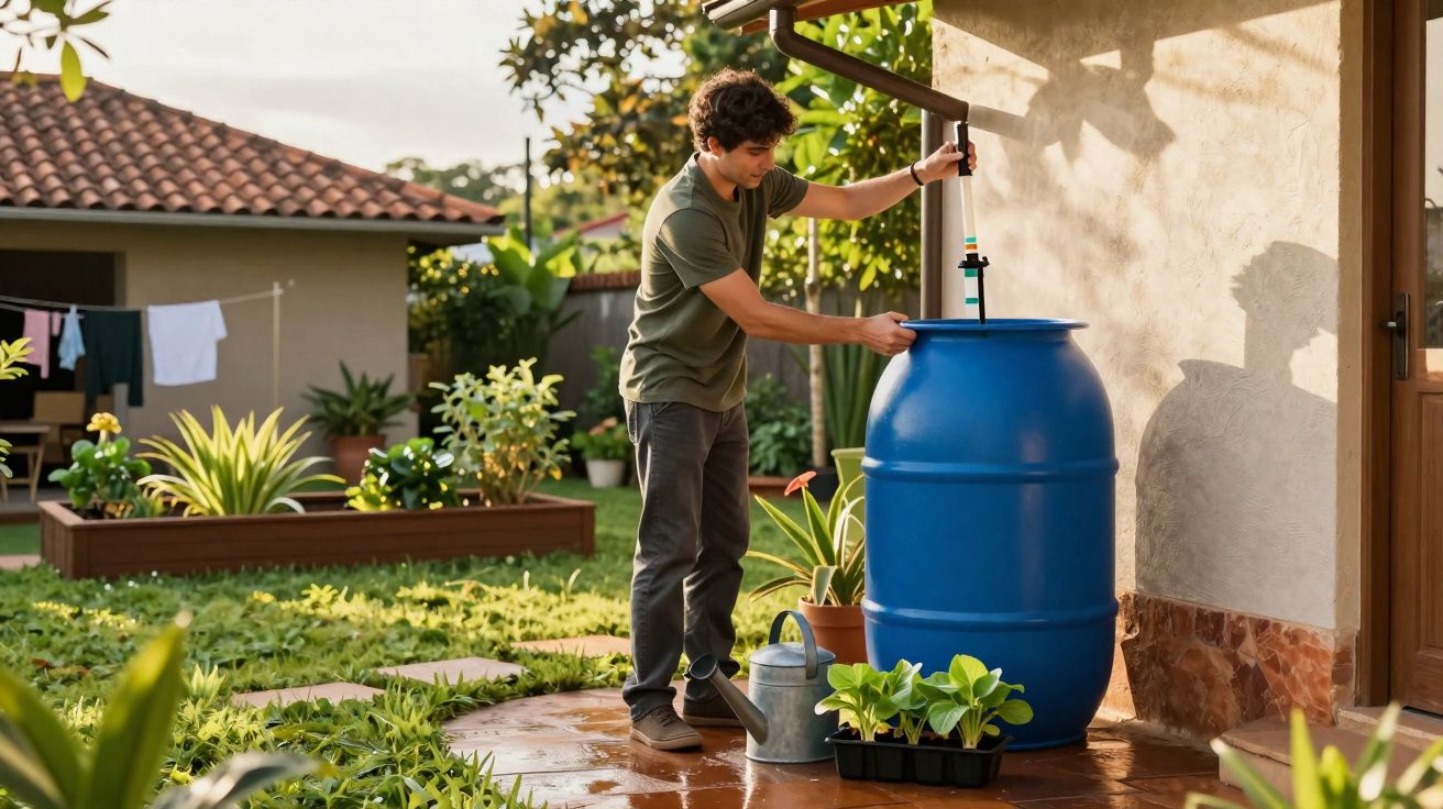 Jovem enchendo barril azul com água de calha para regar plantas no jardim de casa.